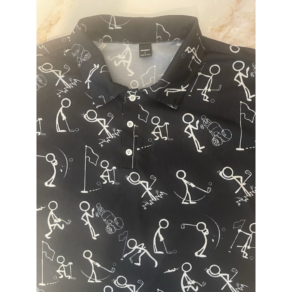 Manfinity Polo Shirt Golf Stick Figures Men’s Large Black White Sheer Kitschy
